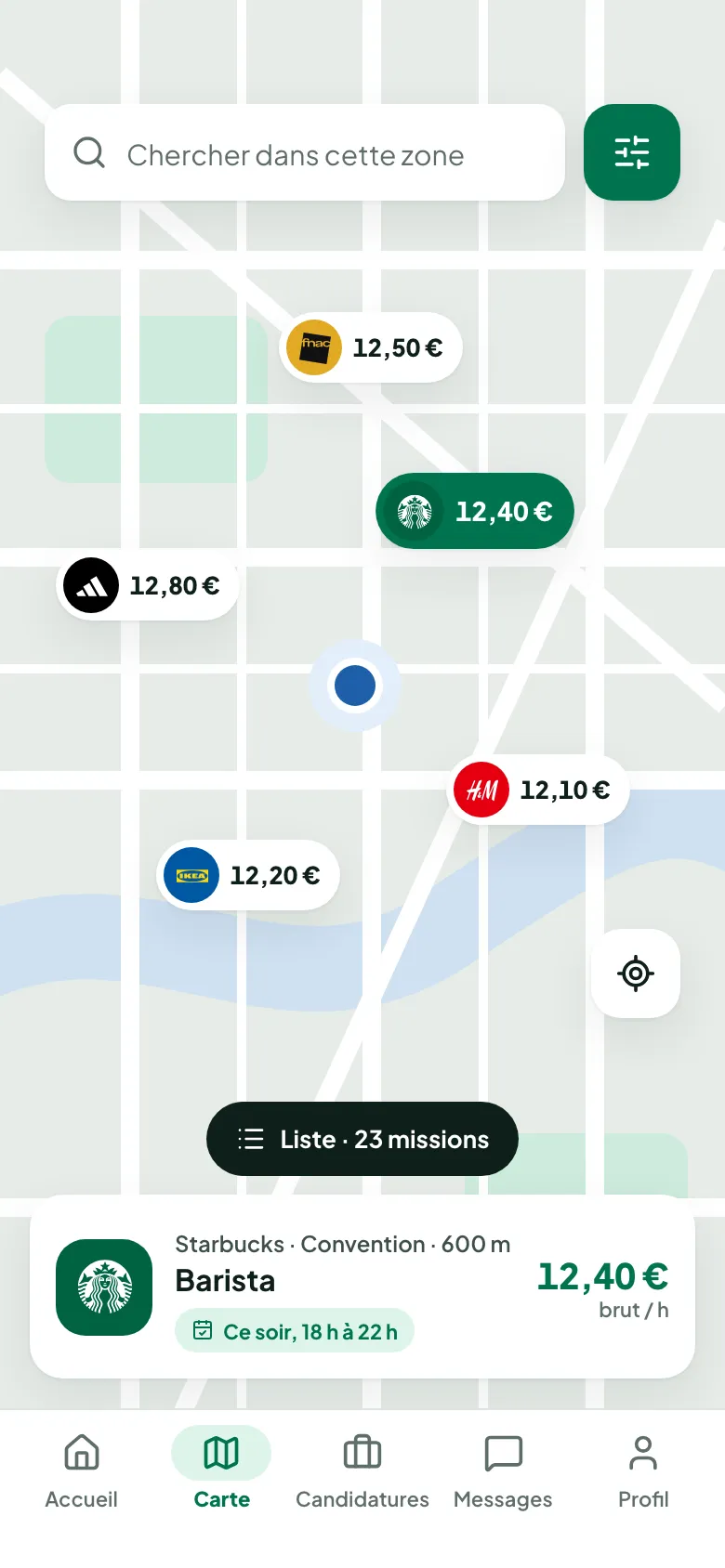 Carte des missions sous forme d'étiquettes de prix autour de la position, mission sélectionnée en bas