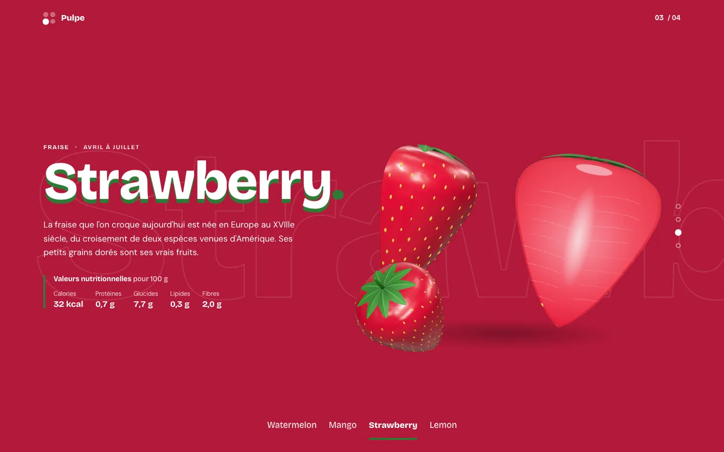 Fond framboise, titre Strawberry, une fraise coupée en deux et une petite fraise entière couronnée de ses sépales