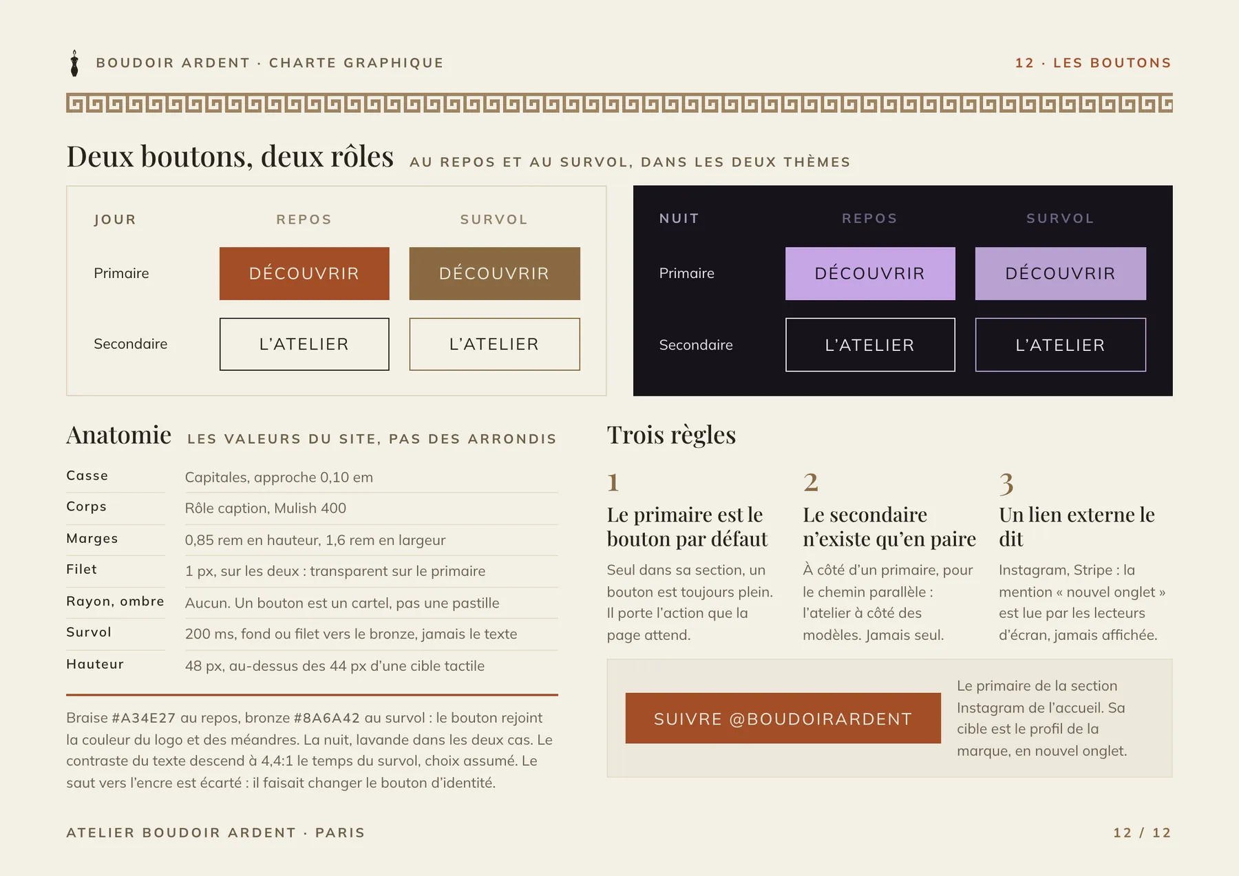 Planche : deux boutons, au repos et au survol, dans les deux thèmes