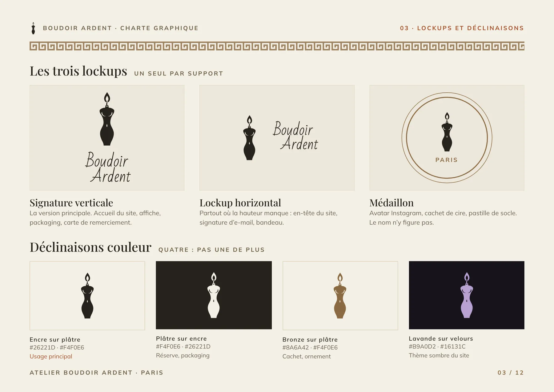 Planche de charte : les trois lockups du logo et ses quatre déclinaisons de couleur