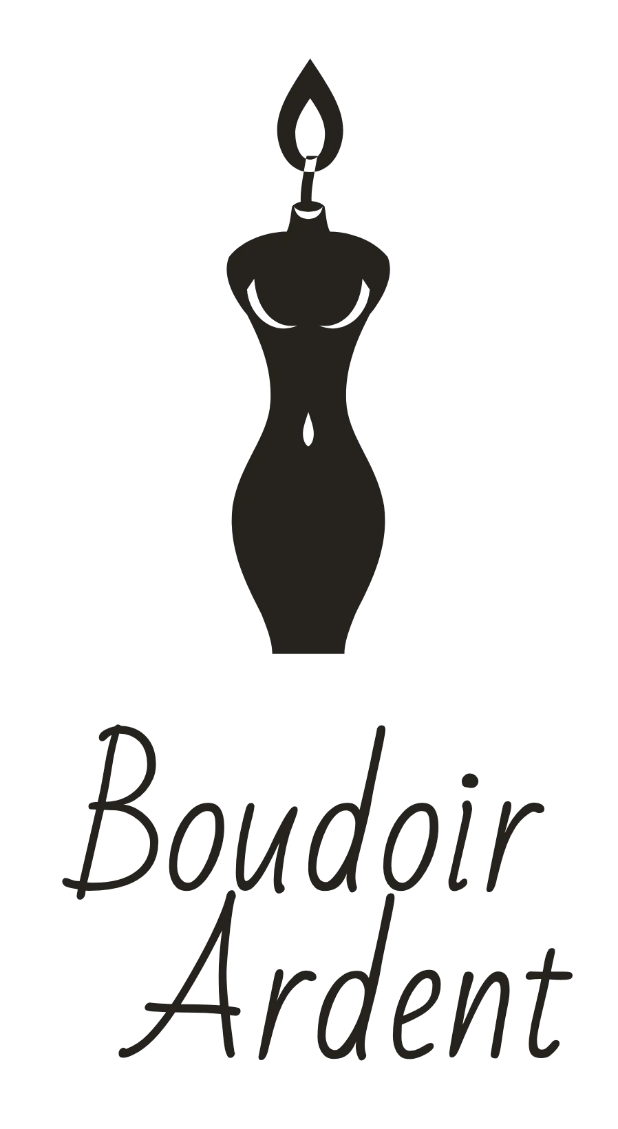 Logo Boudoir Ardent : la silhouette d'un corps-bougie surmontée de sa flamme, au-dessus du nom écrit à la main
