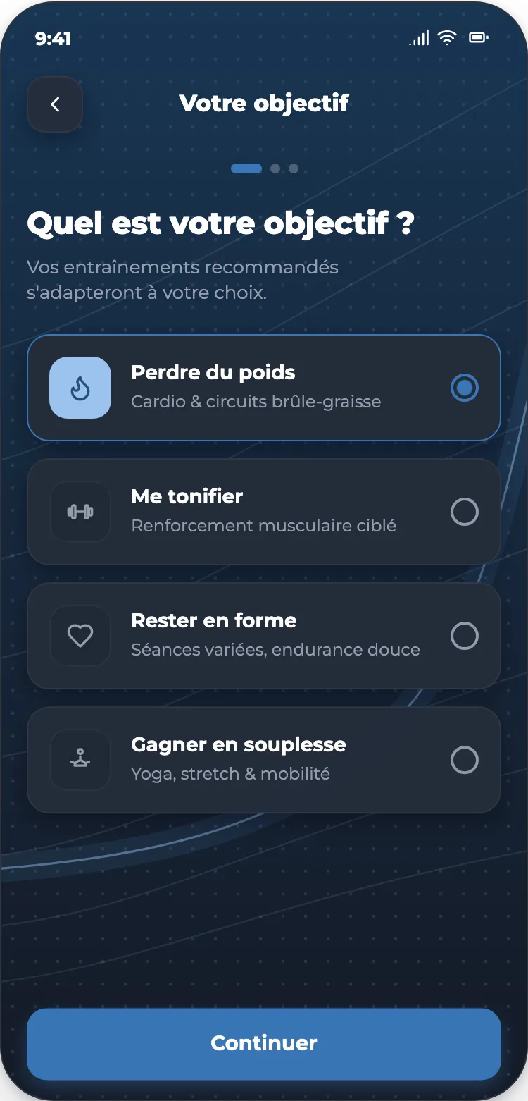 Onboarding : choix de l'objectif parmi quatre propositions