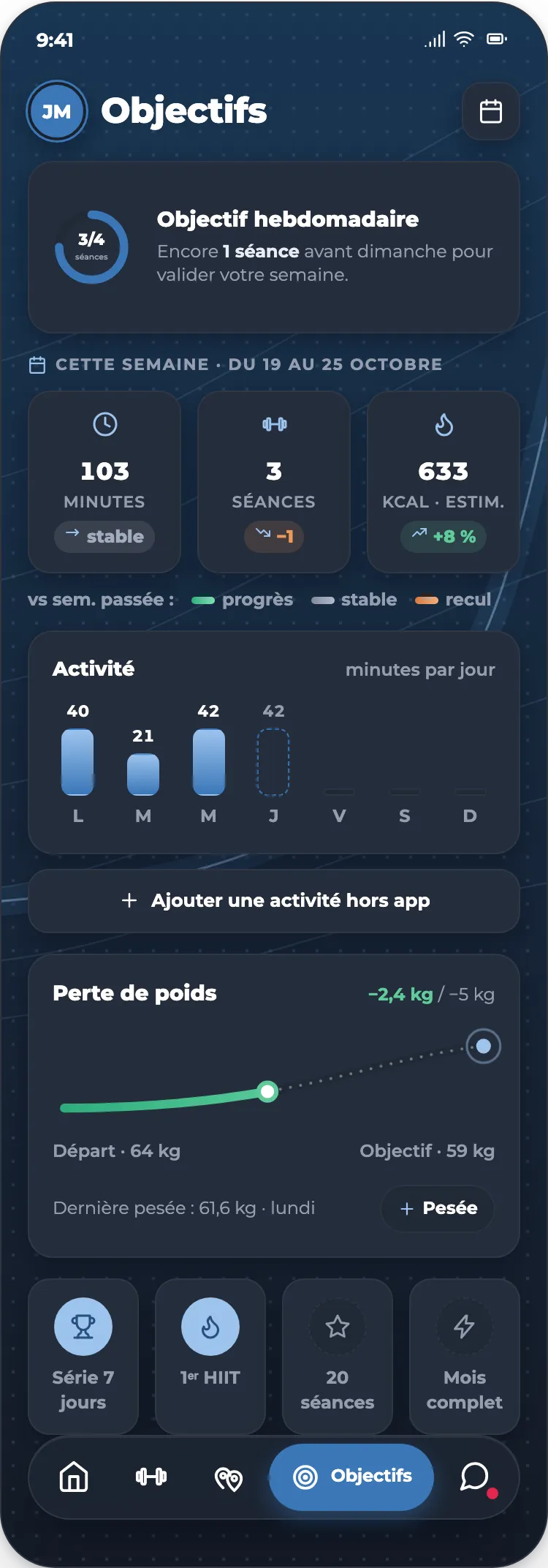 Écran Objectifs : objectif hebdomadaire, activité et courbe de poids