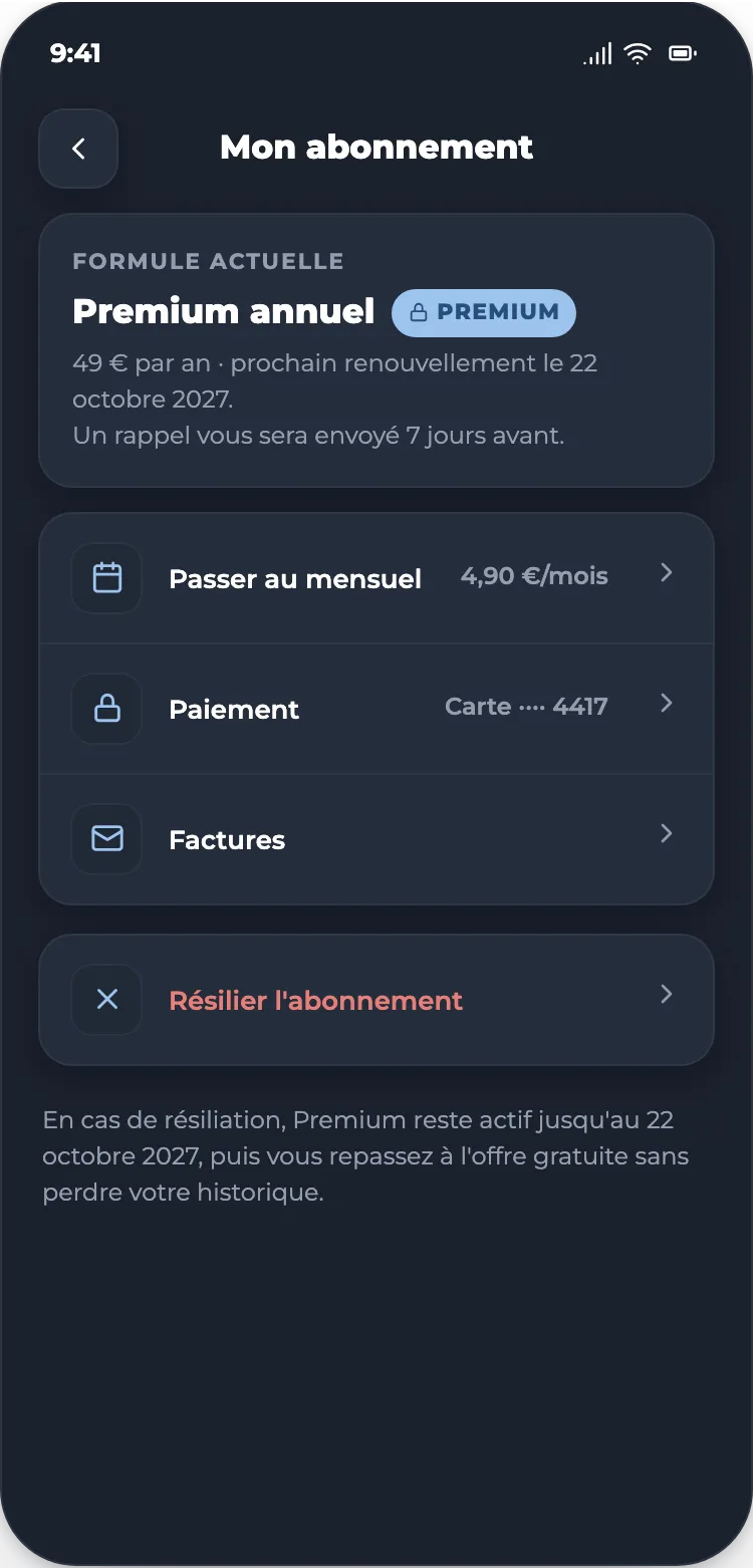 Mon abonnement : formule, paiement, factures et lien pour résilier