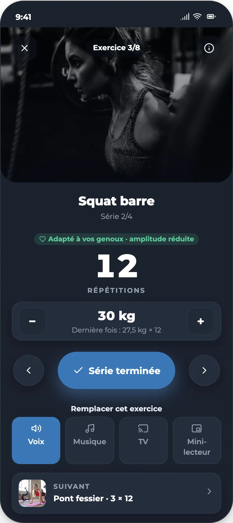 Lecteur de séance : exercice Squat barre, 12 répétitions à 30 kg