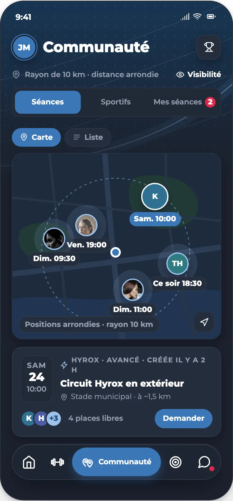 Communauté : carte des séances de groupe dans un rayon de 10 km