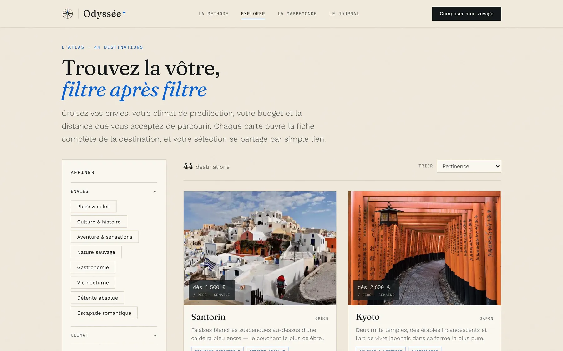 Page Explorer : filtres par envies, climat et compagnie, cinq résultats et bouton de partage